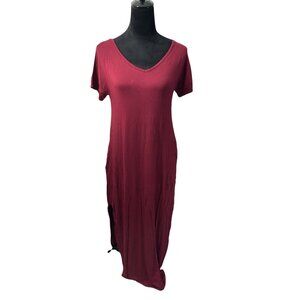 Women’s Maroon Long Maxi Dress By Grecerelle V Neck W/ Pockets Lightweight